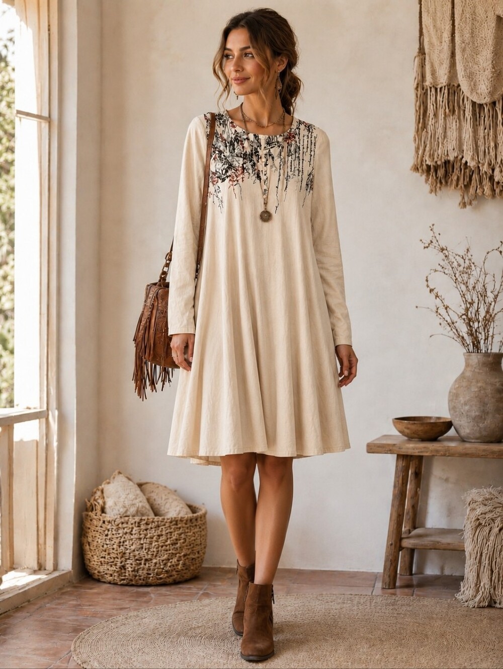 Miidii Linen Cotton And Linen Dress With Nature-Inspired Sketch Embroidery